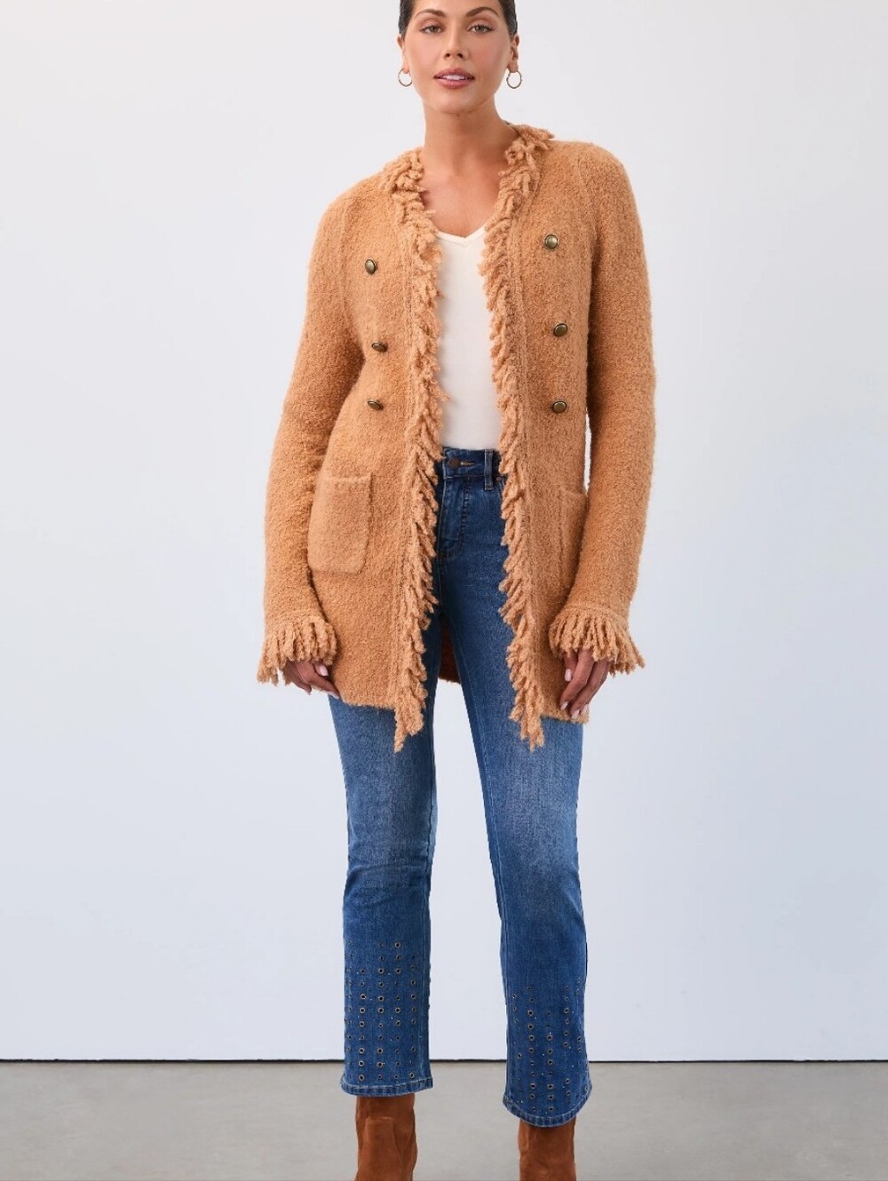 FDJ Textured Fringe Double-Breasted Camel Coat